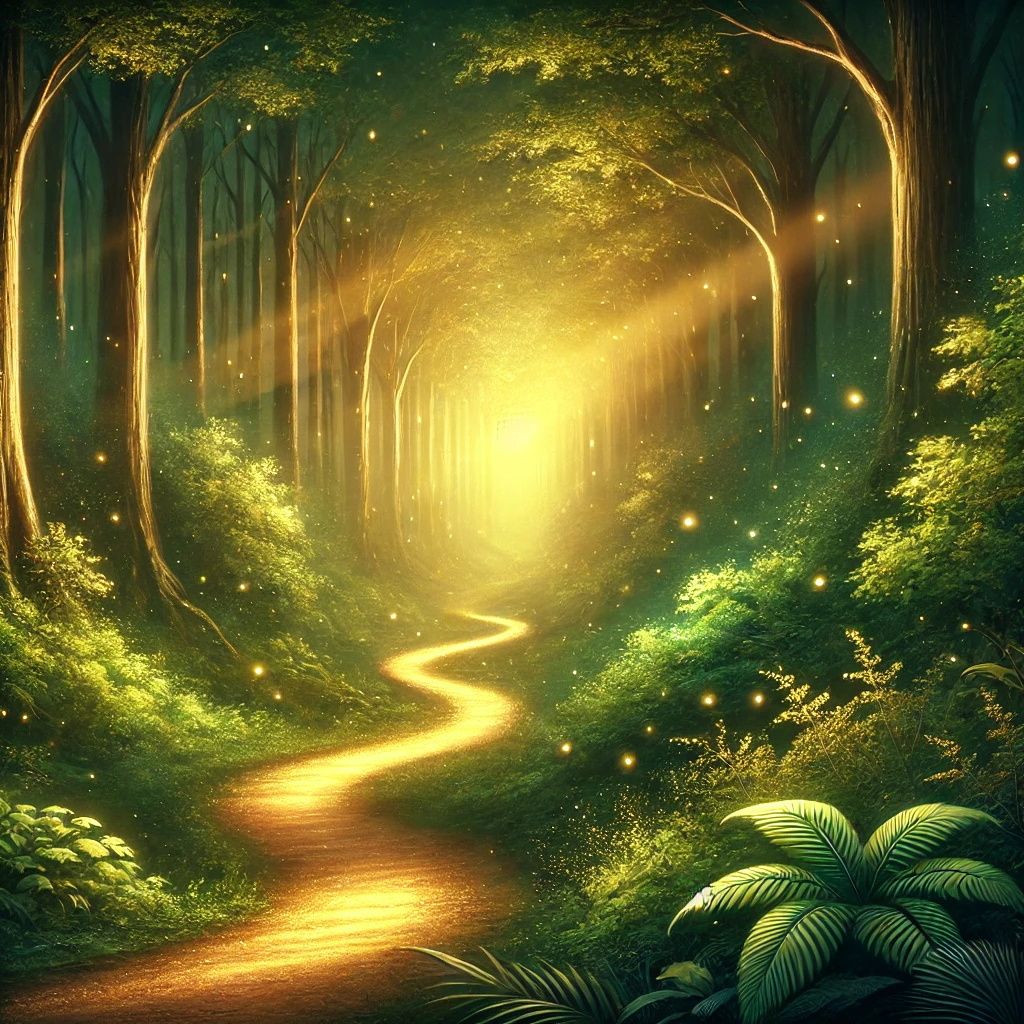 DALL·E 2024 11 30 20.01.54 A mystical and enchanting illustration of a winding path through a dense, lush forest, softly glowing with warm, golden light. The path disappears int