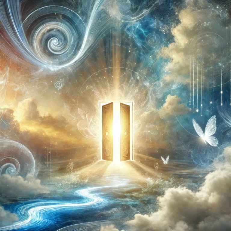 DALL·E 2024 11 30 19.19.55 A serene and mystical image symbolizing intuitive insight and transformation. The scene features a glowing doorway surrounded by soft, ethereal light,