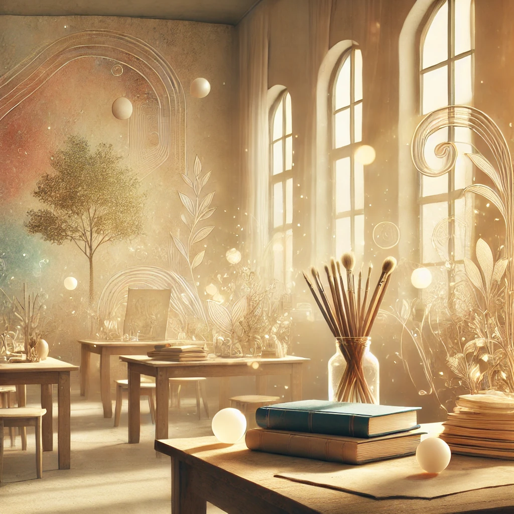 DALL·E 2024 11 30 19.46.20 A serene and inspiring image symbolizing the concept of aesthetic space in teaching and learning. The scene features a peaceful, softly lit classroom