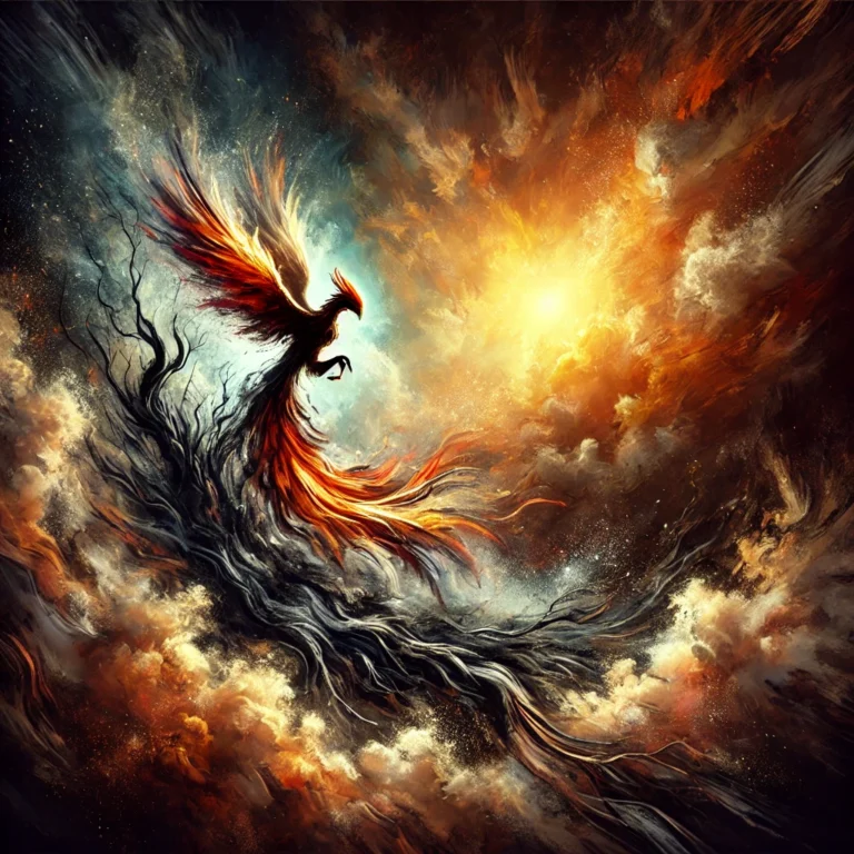 DALL·E 2024 11 30 19.49.53 A dynamic and symbolic image illustrating the fierce and transformative nature of the creative process. The scene features a phoenix rising from dark,