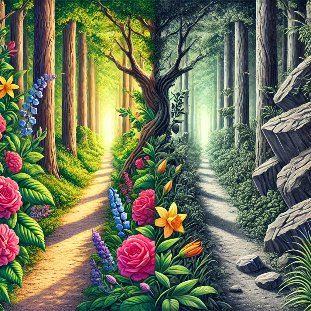 DALL·E 2024 11 30 18.57.43 A serene and symbolic illustration of a lush forest path viewed through two different lenses. On one side, vibrant flowers bloom in rich detail, while