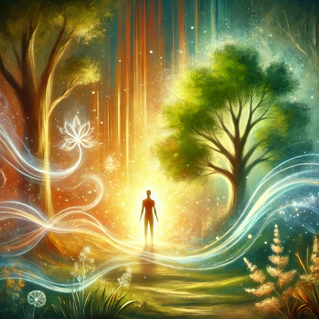 DALL·E 2024 11 30 19.09.42 A serene and symbolic image illustrating the healing power of metaphor. The scene features a figure standing peacefully amidst a glowing, vibrant natu