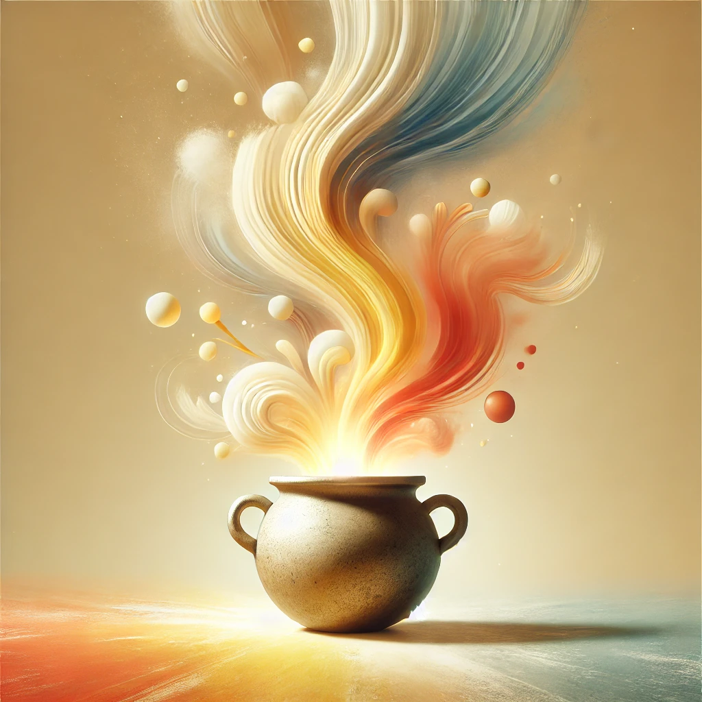 DALL·E 2024 11 30 18.42.55 A symbolic image of a sturdy pot resting on a glowing surface, with vibrant, swirling light or steam rising from it, representing creativity and inspi