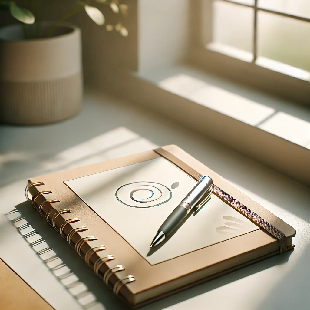 DALL·E 2024 11 30 17.45.39 A simple and inspiring image of a blank notebook with a pen resting on its pages, placed on a clean desk by a softly lit window. The scene evokes the