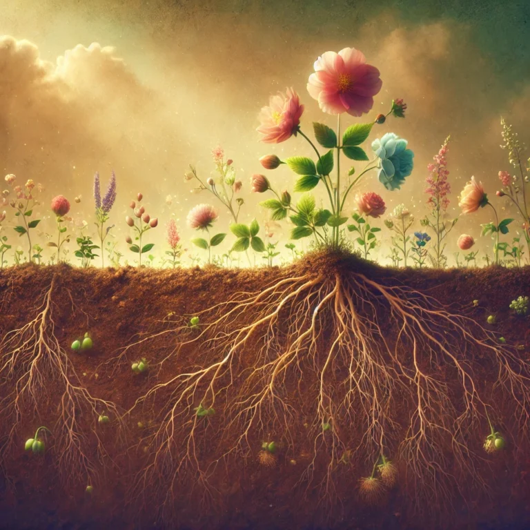 DALL·E 2024 11 29 22.39.46 A serene and symbolic image of a fertile, rich soil with delicate roots emerging and growing into vibrant flowers above ground. The scene is simple ye