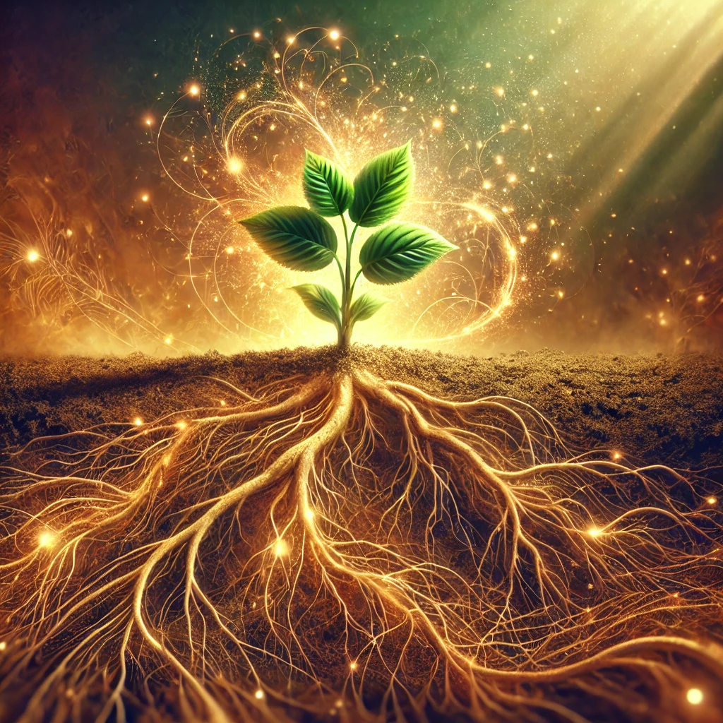 DALL·E 2024 11 29 22.19.03 A serene and symbolic image of a vibrant plant with deep roots growing in rich, fertile soil. The roots extend into a glowing, mysterious underworld f