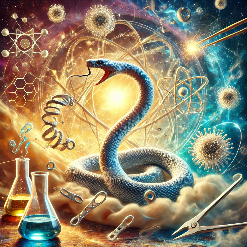 DALL·E 2024 11 29 20.51.23 A dynamic and imaginative composition featuring iconic metaphoric images representing scientific breakthroughs a snake forming a circle symbolizing t