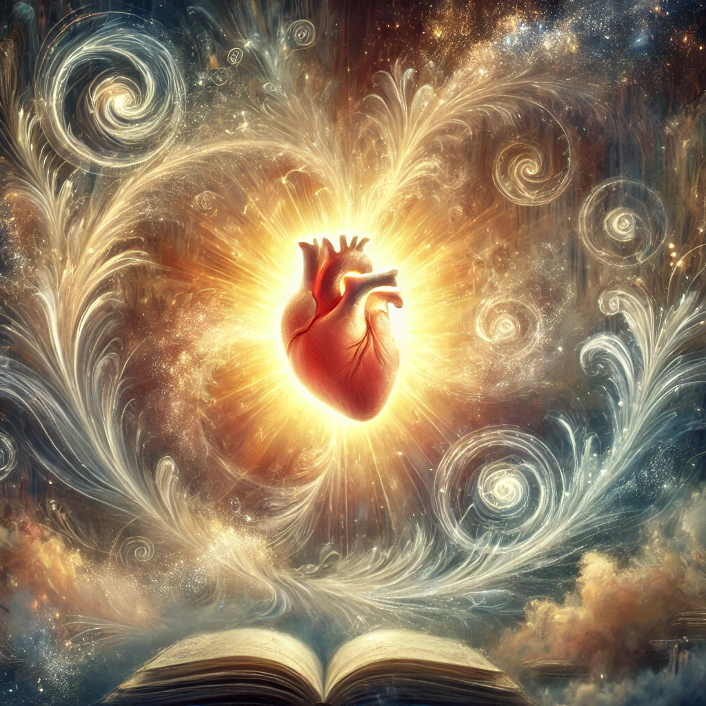 DALL·E 2024 11 29 20.45.22 An evocative and symbolic image of a glowing heart surrounded by flowing, abstract shapes that represent metaphor and divine guidance. The background