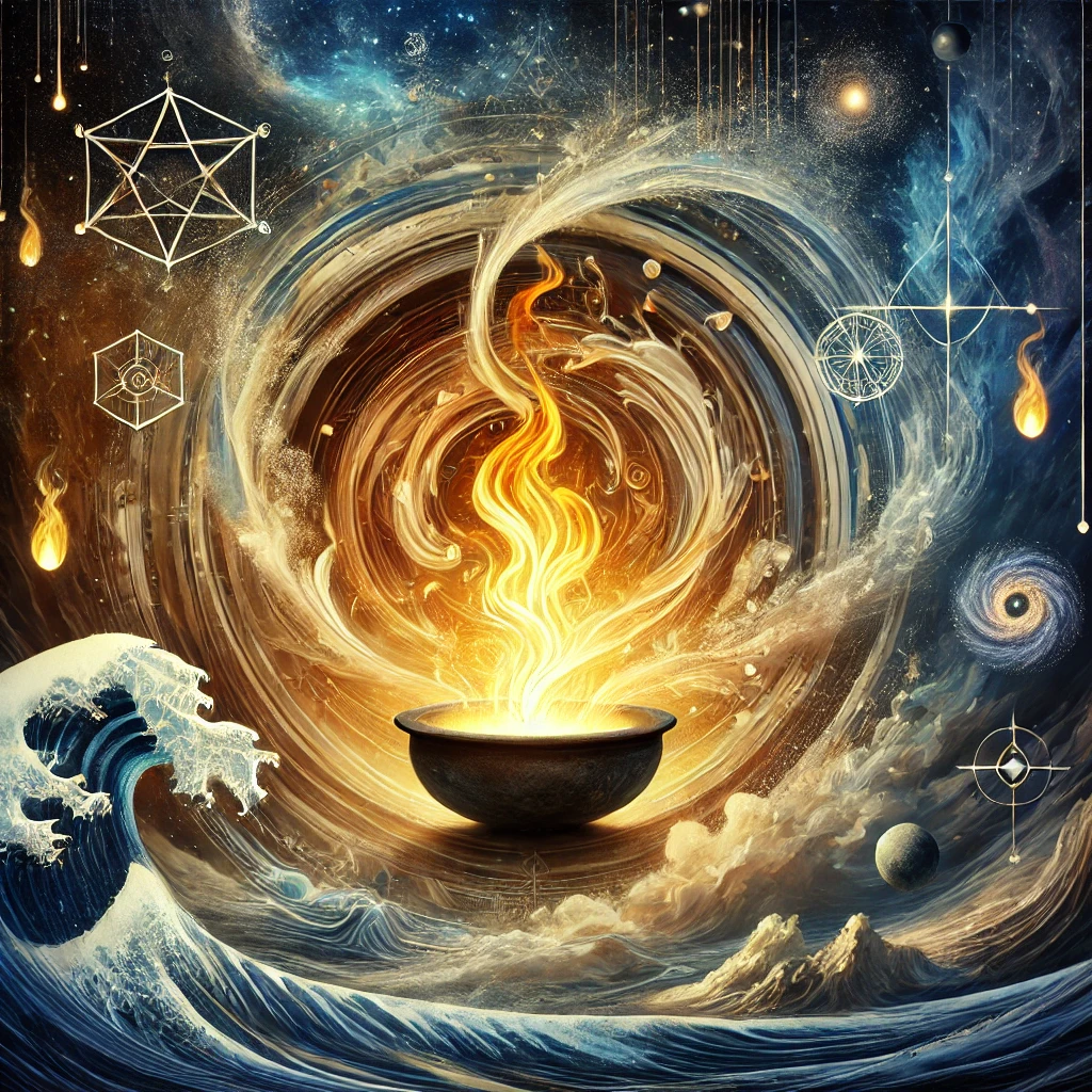 DALL·E 2024 11 29 20.38.00 A mystical cauldron at the center, radiating glowing light and swirling energy, symbolizing the Universe's ongoing process of destruction and creation