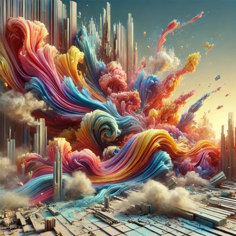 DALL·E 2024 11 29 20.09.40 A surreal and dreamlike image of a vibrant, abstract landscape with flowing, colorful shapes breaking through rigid, crumbling structures. The scene s