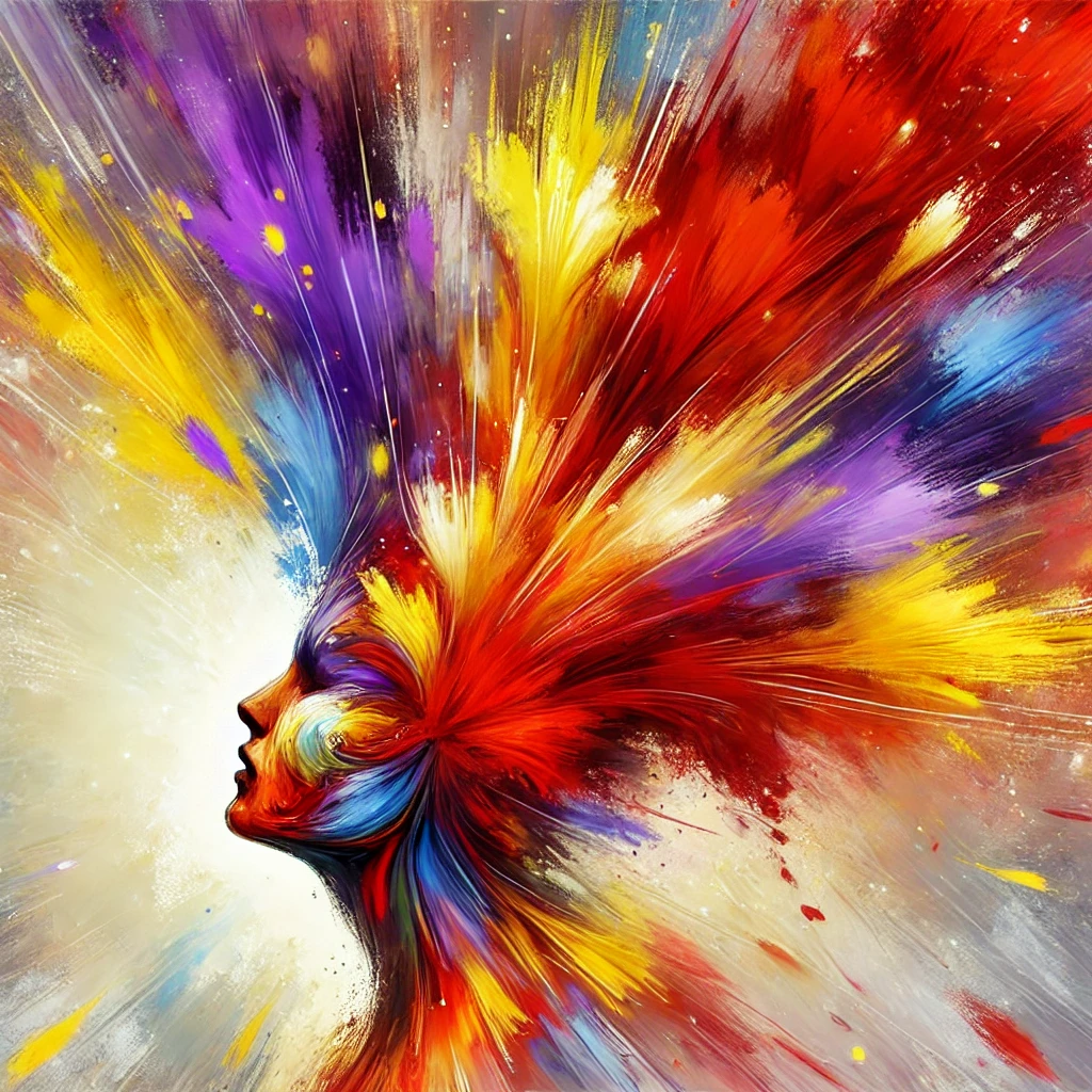 DALL·E 2024 11 29 20.07.21 An abstract, expressive image of a figure radiating vibrant, overflowing energy in bold colors like gold, red, and purple. The figure stands out again