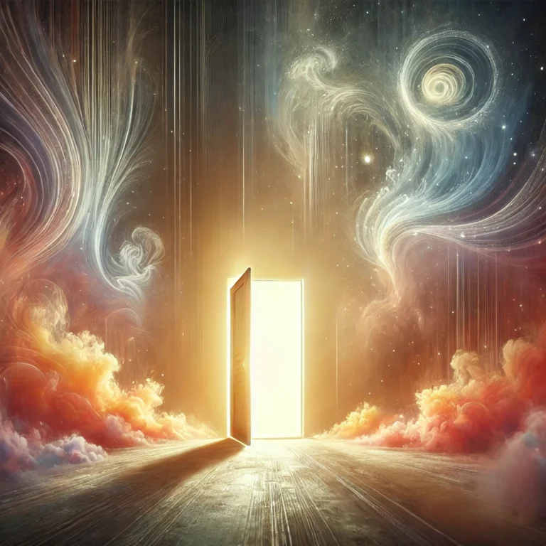 DALL·E 2024 11 29 19.50.39 An evocative and symbolic image of a doorway opening into a glowing, abstract space filled with soft light and subtle, vibrant colors. The setting hin