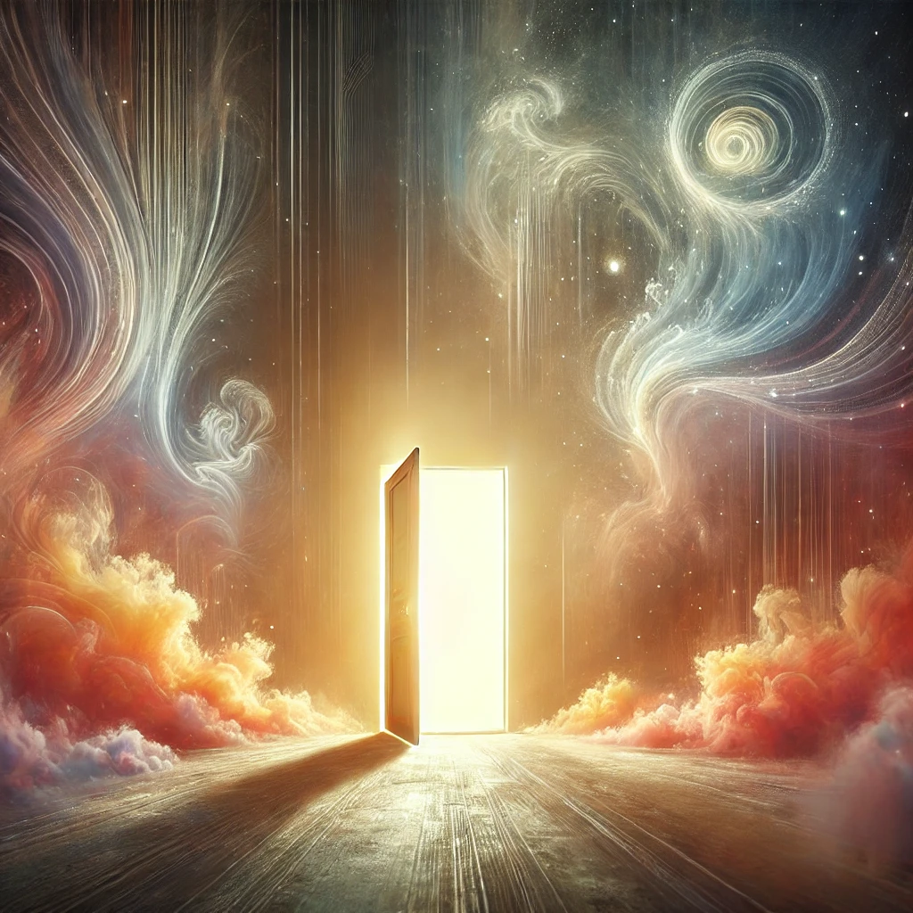 DALL·E 2024 11 29 19.50.39 An evocative and symbolic image of a doorway opening into a glowing, abstract space filled with soft light and subtle, vibrant colors. The setting hin