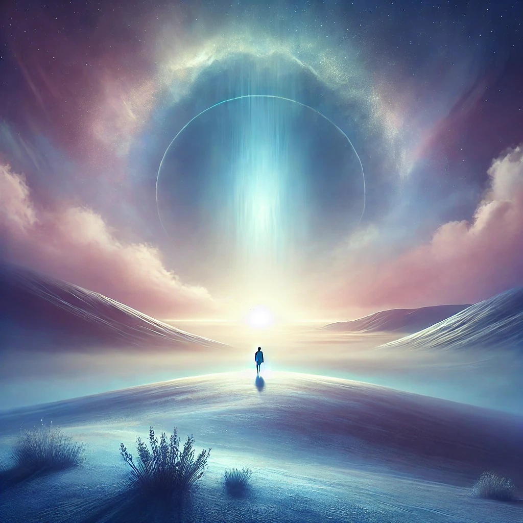 DALL·E 2024 11 29 15.45.53 A serene and ethereal image depicting a person standing in a vast, open landscape under a glowing, expansive sky, symbolizing safety, expansiveness, a