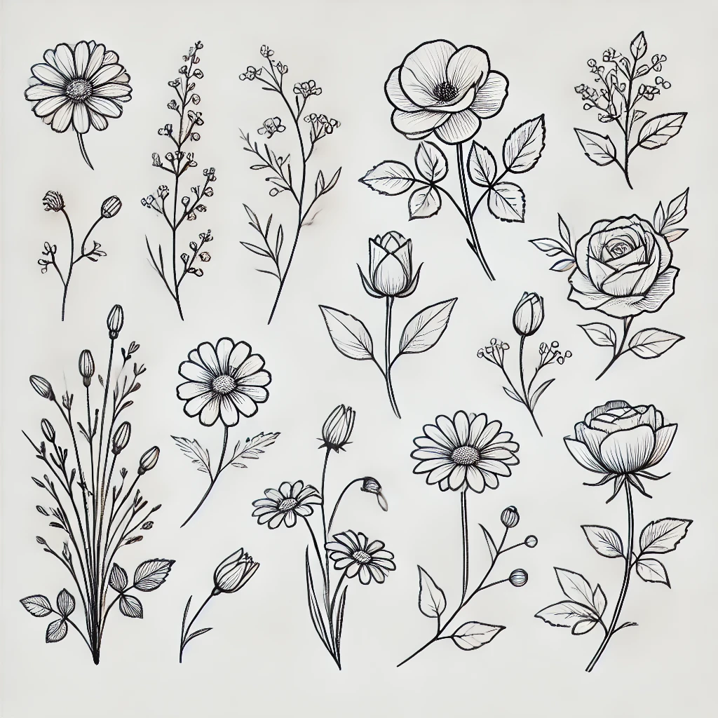 DALL·E 2024 11 29 13.18.02 A simple and elegant collection of hand drawn flowers in a minimalist style. The illustration features a variety of flowers, such as roses, daisies, a