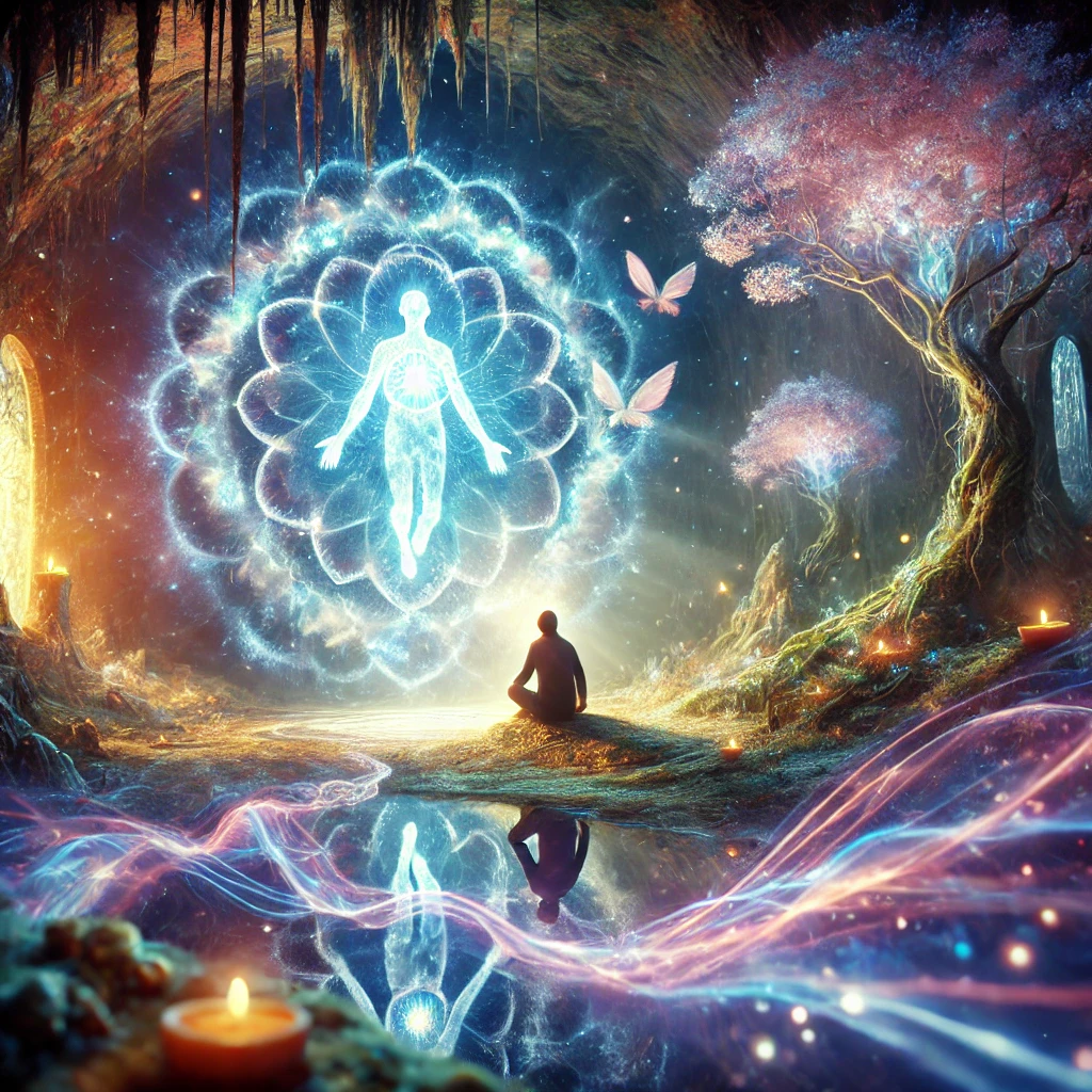 DALL·E 2024 11 29 10.50.54 A mystical and immersive scene of a person engaging deeply with a shamanic image. The setting includes a vibrant, ethereal atmosphere with elements of