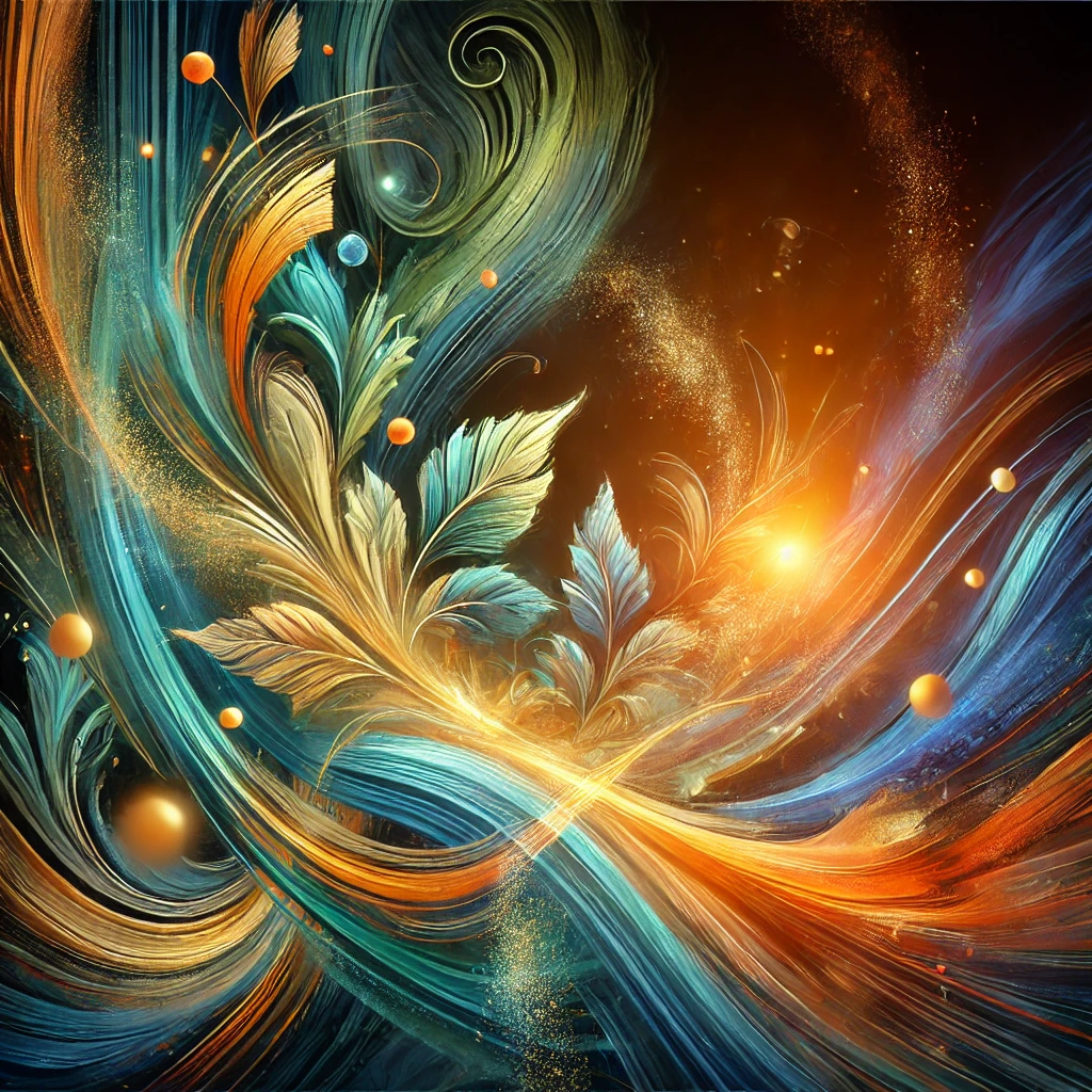 DALL·E 2024 12 07 06.47.26 An abstract and vibrant image symbolizing life, creativity, and connection. The design features organic, flowing shapes in vivid colors like gold, tea