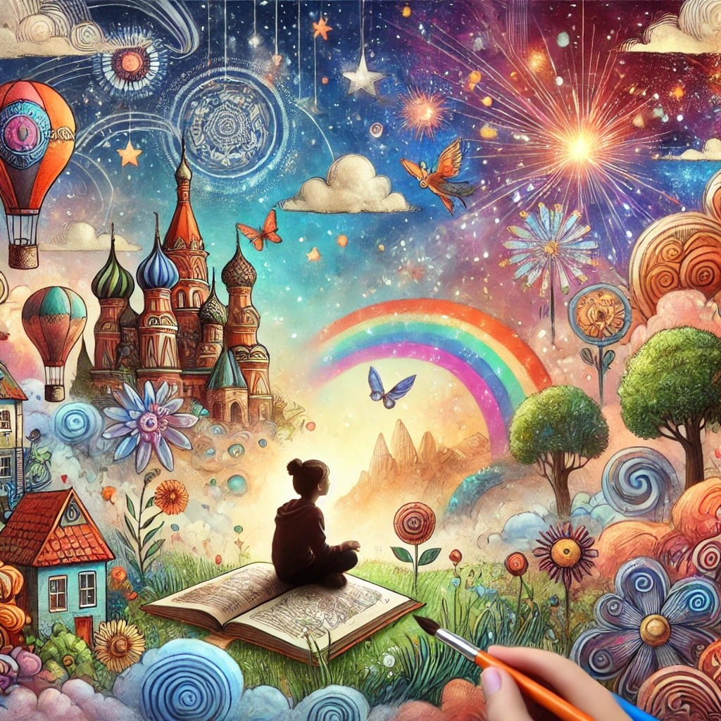 DALL·E 2024 12 07 07.03.05 A whimsical and colorful illustration of a child sitting in a serene, imaginative setting, surrounded by elements of a paracosm they are creating. The