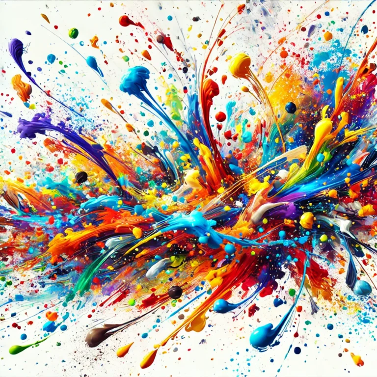 DALL·E 2024 12 05 14.20.47 A vibrant and artistic depiction of messy paint splotches in a variety of bright colors, scattered dynamically across a white background. The image ev